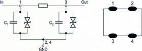 Figure 1. Diagram and pinning of P-filter with size 0405 varistor. This particularly space-saving configuration combines EMI an ESD protection in a single component